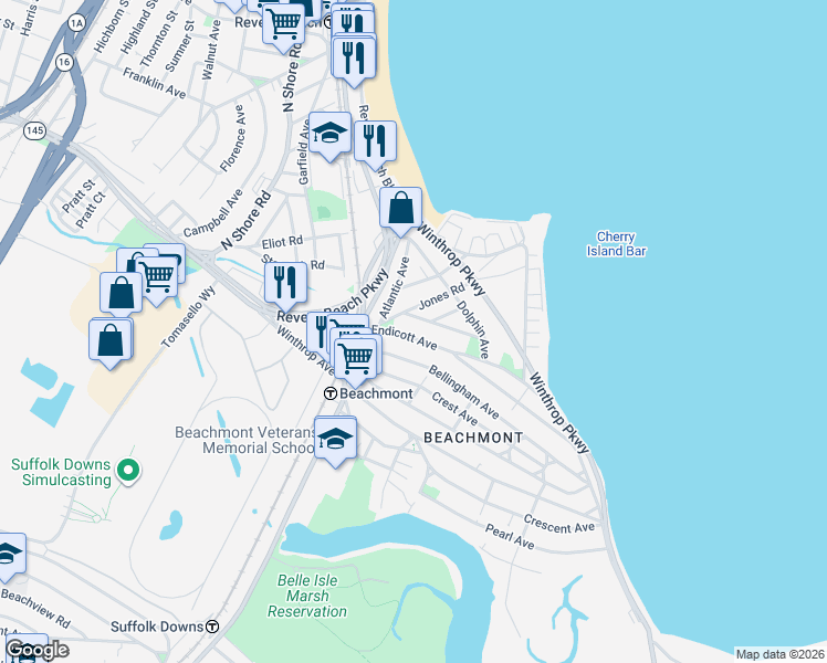 map of restaurants, bars, coffee shops, grocery stores, and more near 42 Endicott Avenue in Revere