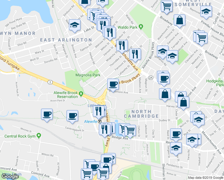 map of restaurants, bars, coffee shops, grocery stores, and more near 29 Seagrave Road in Cambridge