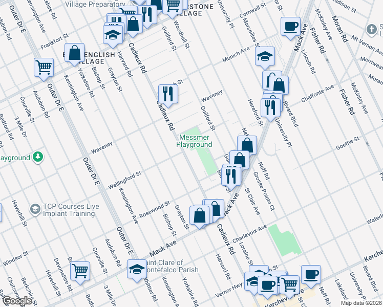 map of restaurants, bars, coffee shops, grocery stores, and more near 3950 Cadieux Road in Detroit