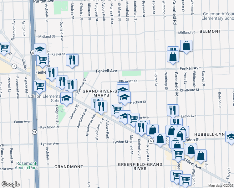 map of restaurants, bars, coffee shops, grocery stores, and more near 14907 Saint Marys Street in Detroit
