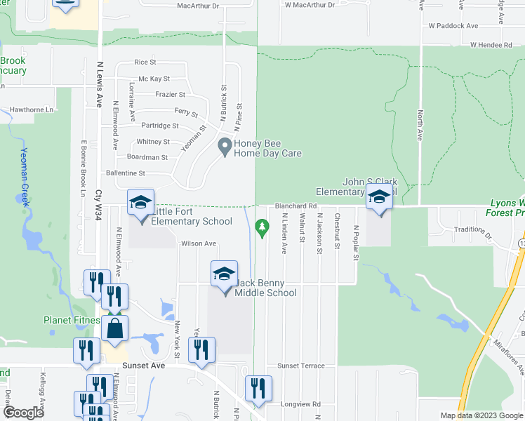 map of restaurants, bars, coffee shops, grocery stores, and more near 1121 Blanchard Road in Waukegan