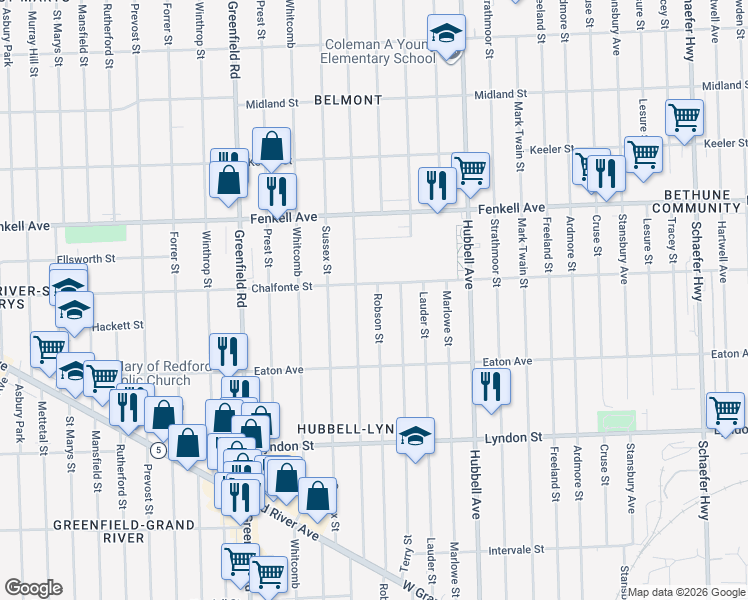 map of restaurants, bars, coffee shops, grocery stores, and more near 14951 Robson St in Detroit