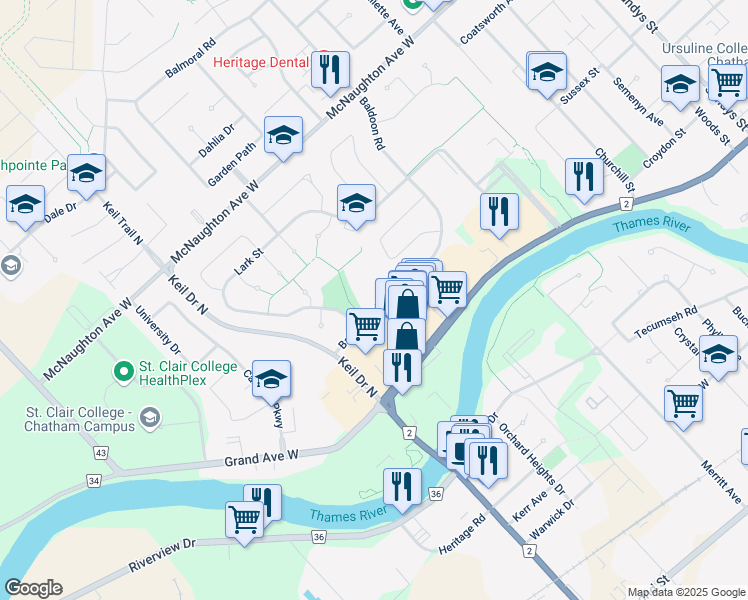 map of restaurants, bars, coffee shops, grocery stores, and more near 57 Baldoon Road in Chatham