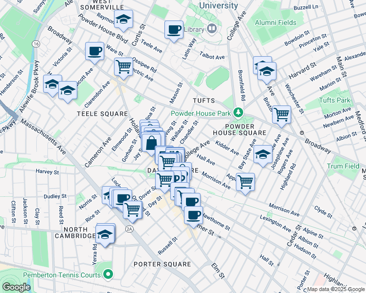 map of restaurants, bars, coffee shops, grocery stores, and more near 16 Chapel Street in Somerville