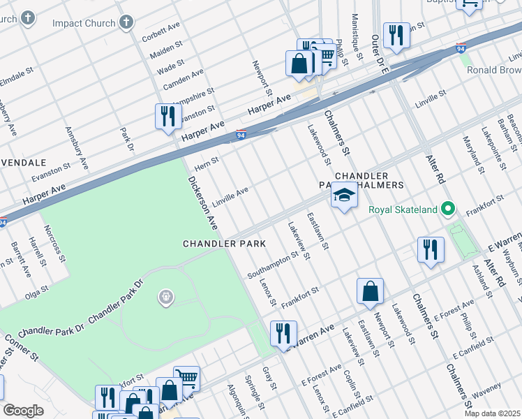 map of restaurants, bars, coffee shops, grocery stores, and more near 5741 Coplin Street in Detroit