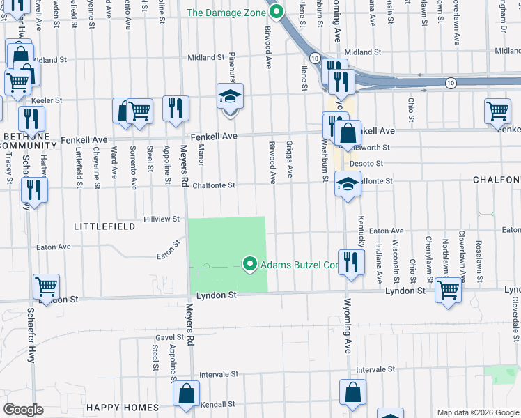 map of restaurants, bars, coffee shops, grocery stores, and more near 14880 Mendota Street in Detroit