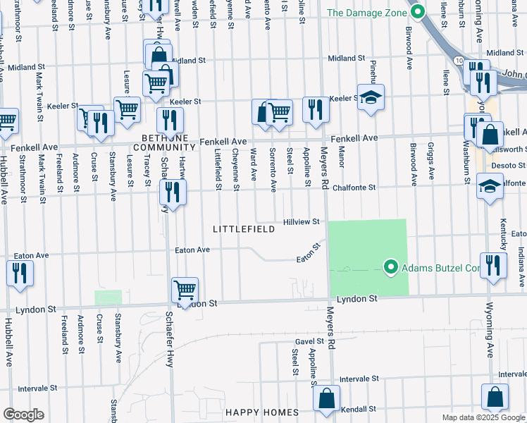 map of restaurants, bars, coffee shops, grocery stores, and more near 14892 Ward Avenue in Detroit