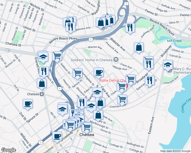 map of restaurants, bars, coffee shops, grocery stores, and more near 185 Washington Avenue in Chelsea
