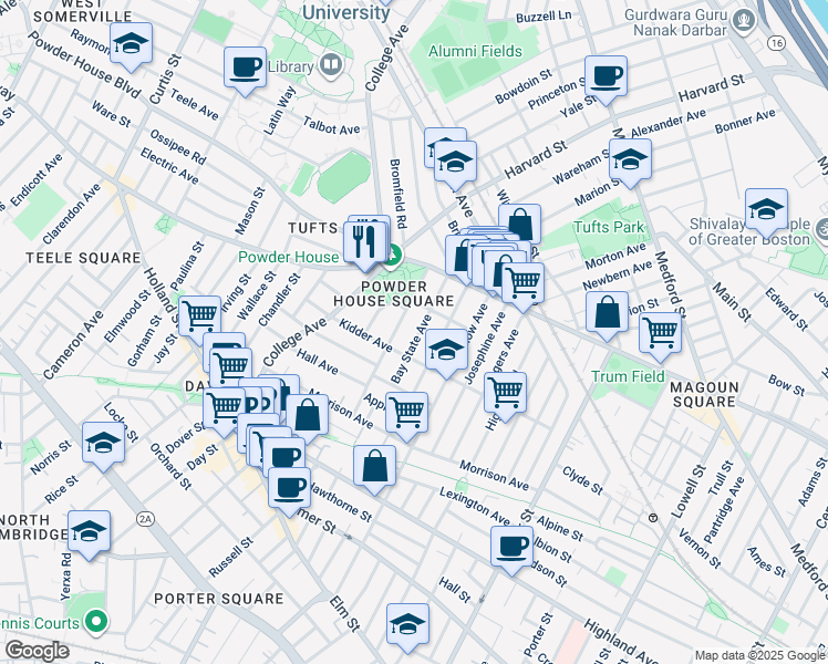 map of restaurants, bars, coffee shops, grocery stores, and more near 51 Bay State Avenue in Somerville