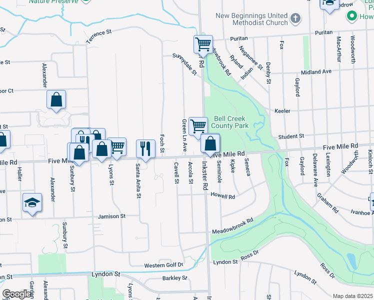 map of restaurants, bars, coffee shops, grocery stores, and more near 27456 Five Mile Road in Livonia