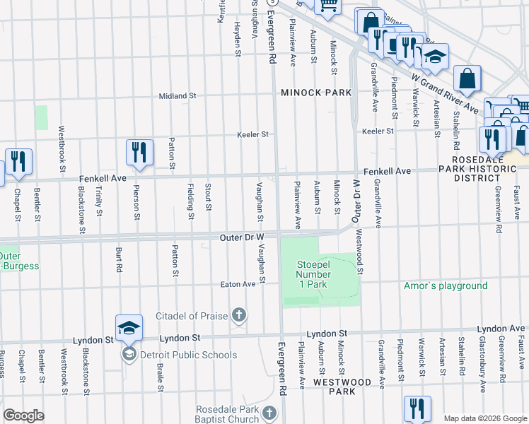 map of restaurants, bars, coffee shops, grocery stores, and more near 15058 Vaughan Street in Detroit
