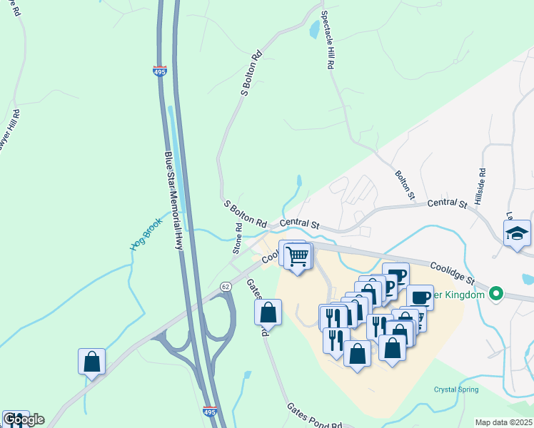 map of restaurants, bars, coffee shops, grocery stores, and more near 492 South Bolton Road in Bolton