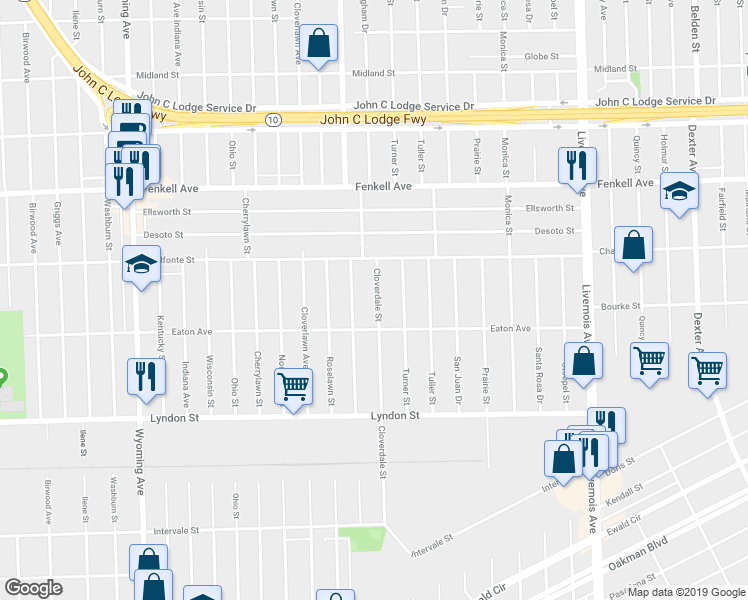 map of restaurants, bars, coffee shops, grocery stores, and more near 14863 Cloverdale Street in Detroit