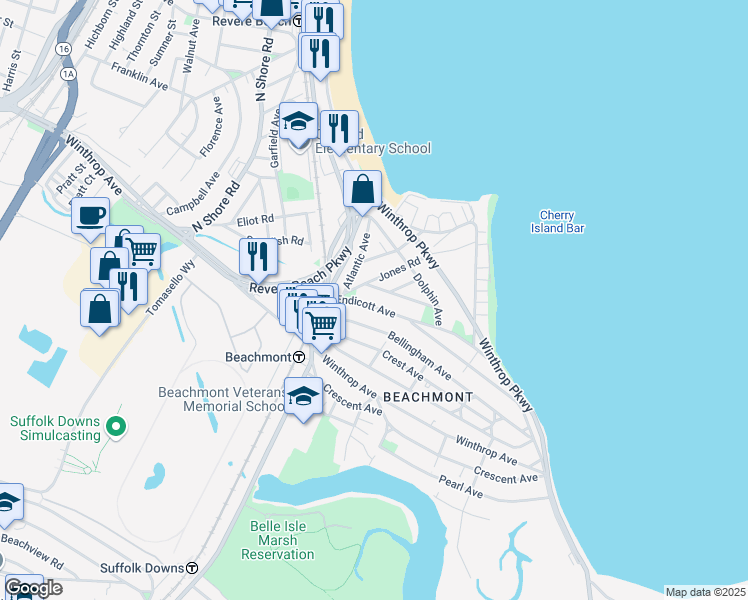 map of restaurants, bars, coffee shops, grocery stores, and more near 42 Endicott Avenue in Revere