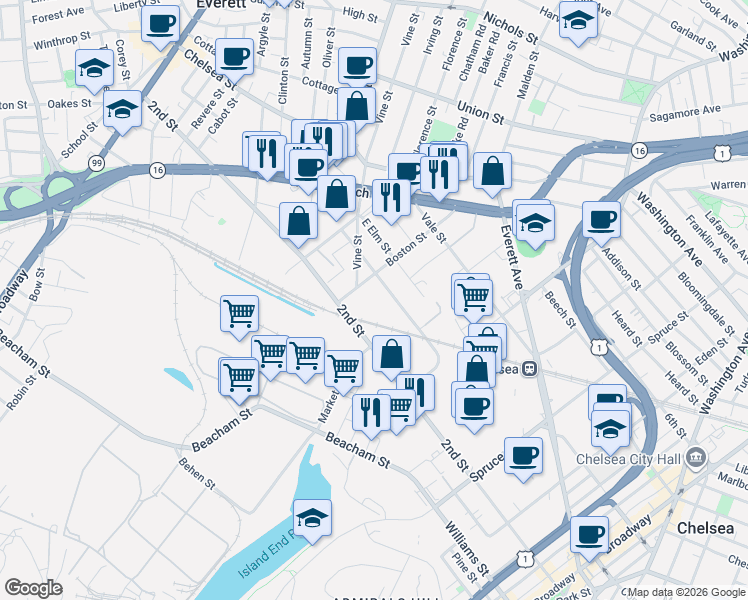 map of restaurants, bars, coffee shops, grocery stores, and more near 376 3rd Street in Everett