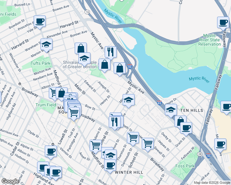 map of restaurants, bars, coffee shops, grocery stores, and more near 77 Fremont Street in Somerville