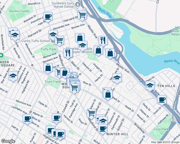 map of restaurants, bars, coffee shops, grocery stores, and more near 23 Edward Street in Medford