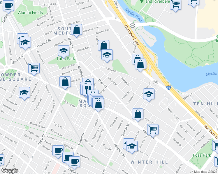 map of restaurants, bars, coffee shops, grocery stores, and more near 55 Dexter Street in Medford