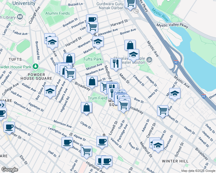 map of restaurants, bars, coffee shops, grocery stores, and more near 13 Winter Hill Road in Medford