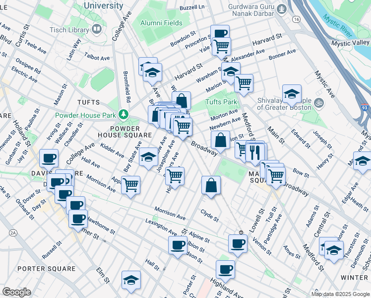 map of restaurants, bars, coffee shops, grocery stores, and more near in Somerville