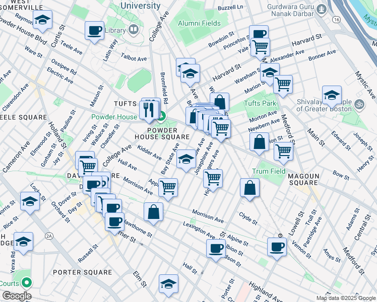 map of restaurants, bars, coffee shops, grocery stores, and more near 251 Willow Avenue in Somerville