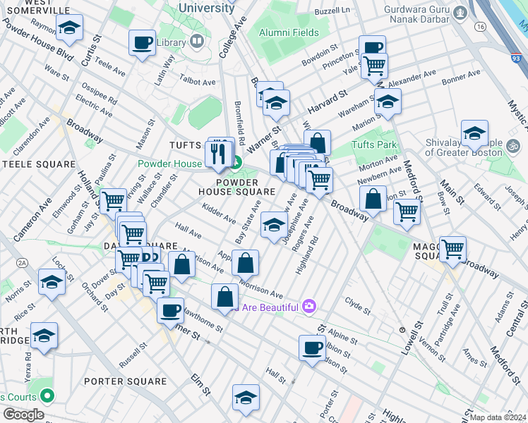 map of restaurants, bars, coffee shops, grocery stores, and more near 46 Bay State Avenue in Somerville
