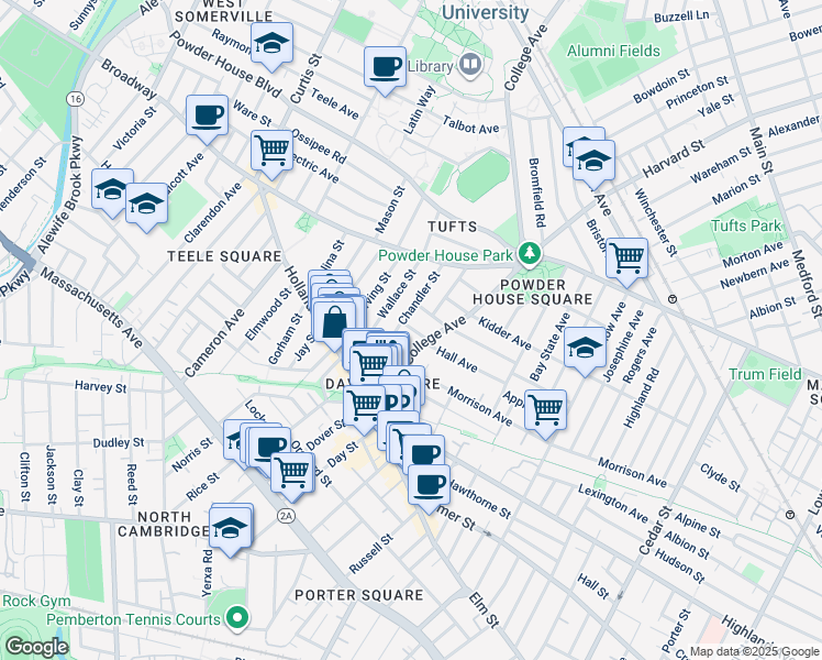 map of restaurants, bars, coffee shops, grocery stores, and more near 9 Chapel Street in Somerville