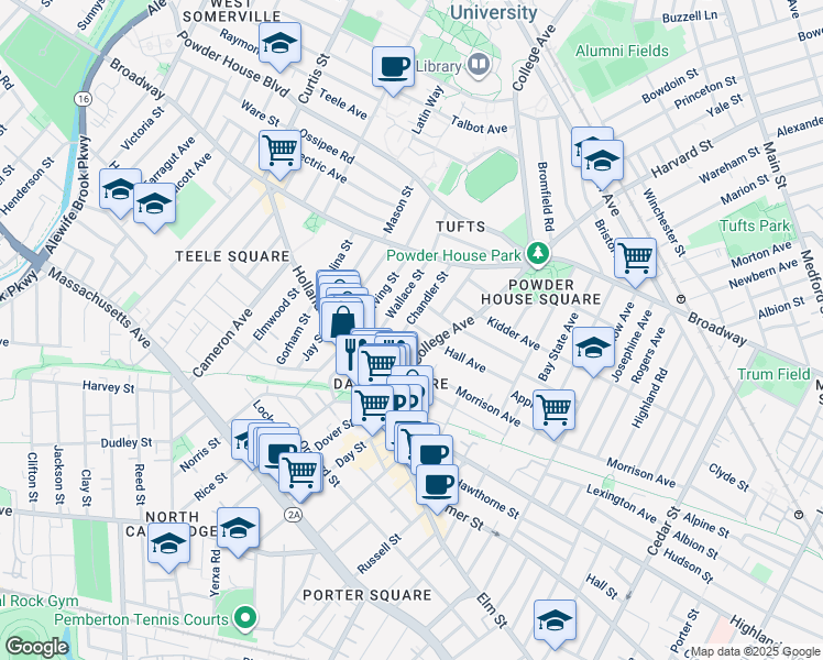 map of restaurants, bars, coffee shops, grocery stores, and more near 9 Chapel Street in Somerville