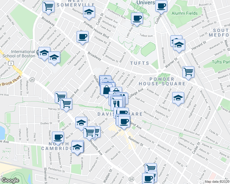 map of restaurants, bars, coffee shops, grocery stores, and more near 37 Wallace Street in Somerville