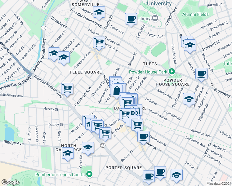 map of restaurants, bars, coffee shops, grocery stores, and more near in Somerville