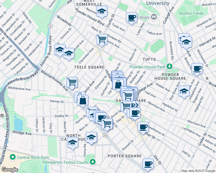 map of restaurants, bars, coffee shops, grocery stores, and more near 20 Gorham Street in Somerville