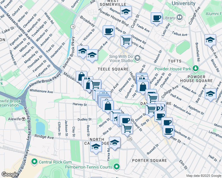 map of restaurants, bars, coffee shops, grocery stores, and more near 64 Cameron Avenue in Somerville