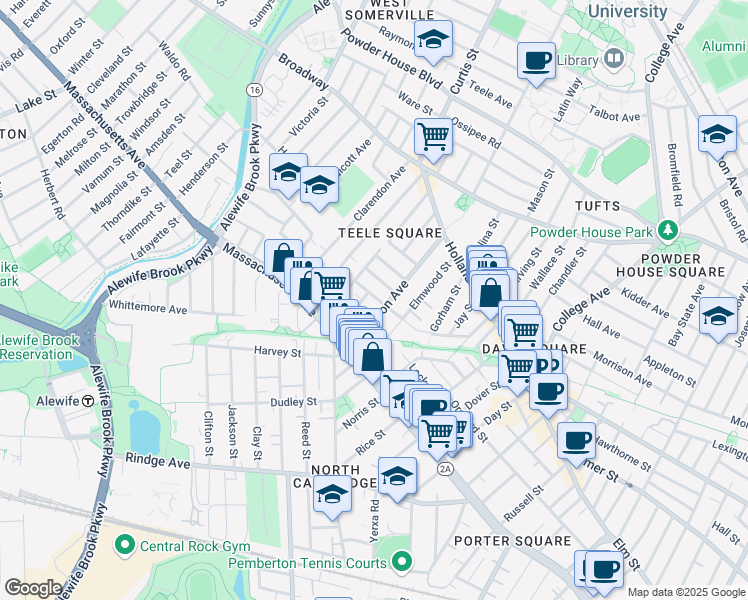 map of restaurants, bars, coffee shops, grocery stores, and more near 64 Cameron Avenue in Somerville