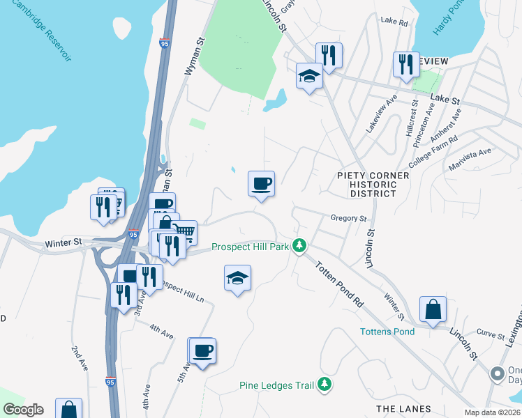 map of restaurants, bars, coffee shops, grocery stores, and more near 255 Winter Street in Waltham