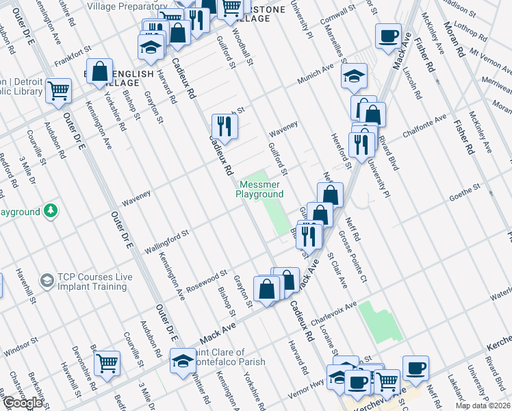 map of restaurants, bars, coffee shops, grocery stores, and more near 3950 Cadieux Road in Detroit