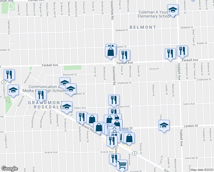 map of restaurants, bars, coffee shops, grocery stores, and more near 15505 Chalfonte Street in Detroit