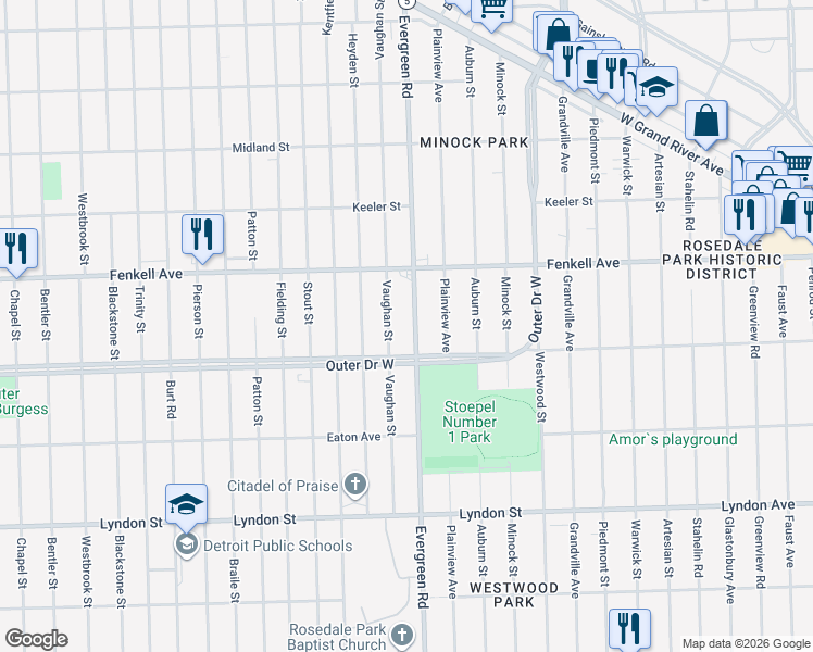 map of restaurants, bars, coffee shops, grocery stores, and more near 15058 Vaughan Street in Detroit