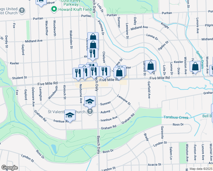 map of restaurants, bars, coffee shops, grocery stores, and more near 25582 Elsinore Street in Redford Charter Township