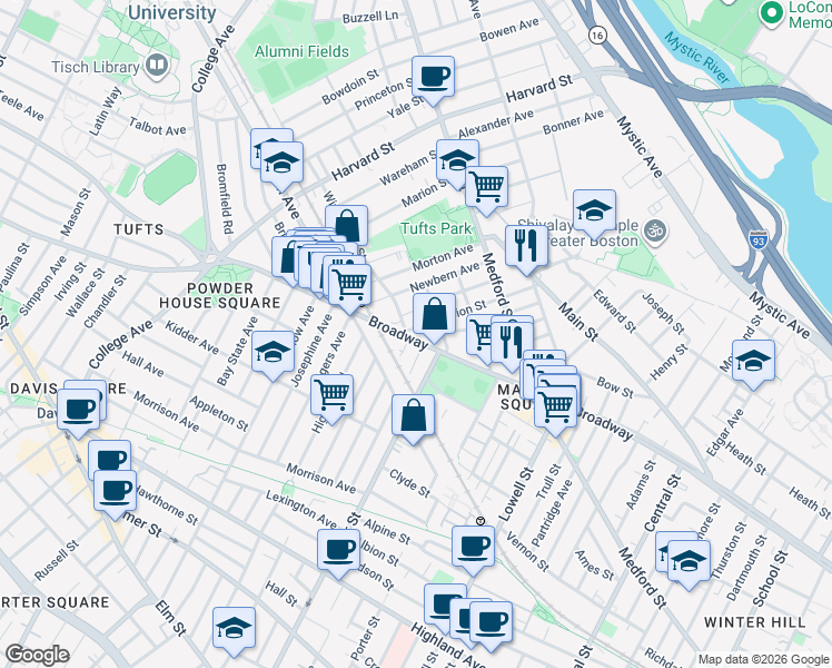 map of restaurants, bars, coffee shops, grocery stores, and more near 611 Broadway in Somerville