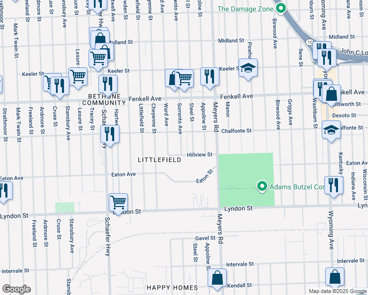 map of restaurants, bars, coffee shops, grocery stores, and more near 14892 Sorrento Avenue in Detroit