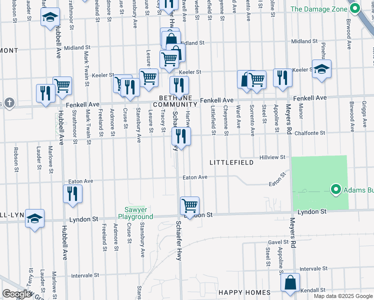 map of restaurants, bars, coffee shops, grocery stores, and more near 14921 Hartwell St in Detroit