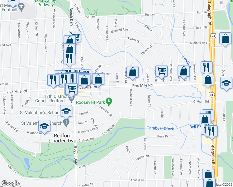 map of restaurants, bars, coffee shops, grocery stores, and more near 25301 Five Mile Road in Redford Charter Township