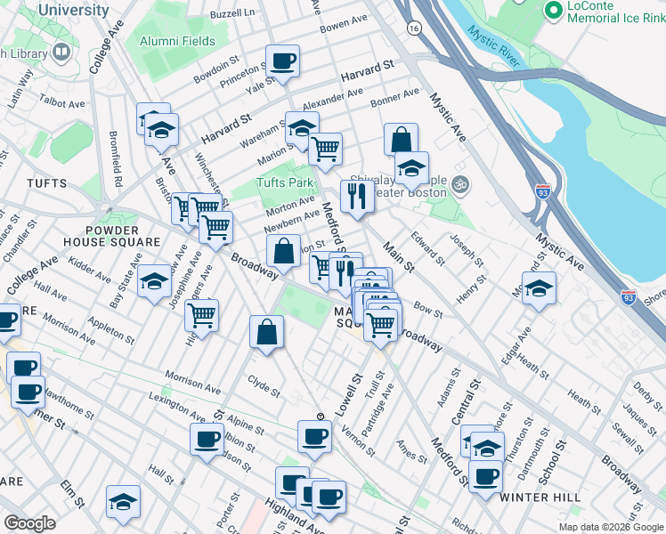 map of restaurants, bars, coffee shops, grocery stores, and more near 13 Winter Hill Road in Medford