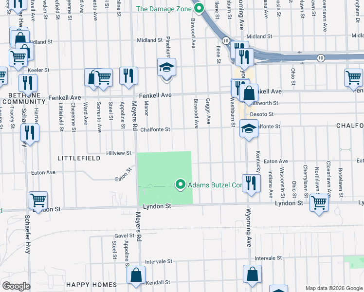 map of restaurants, bars, coffee shops, grocery stores, and more near 14880 Mendota Street in Detroit