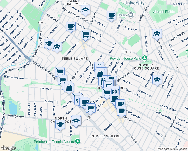 map of restaurants, bars, coffee shops, grocery stores, and more near 20 Gorham Street in Somerville