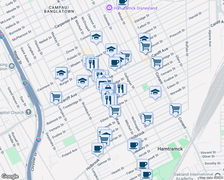 map of restaurants, bars, coffee shops, grocery stores, and more near 2953 Belmont Street in Hamtramck