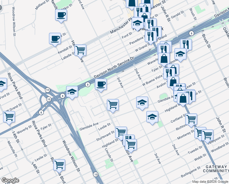 map of restaurants, bars, coffee shops, grocery stores, and more near 209 Tyler Street in Highland Park