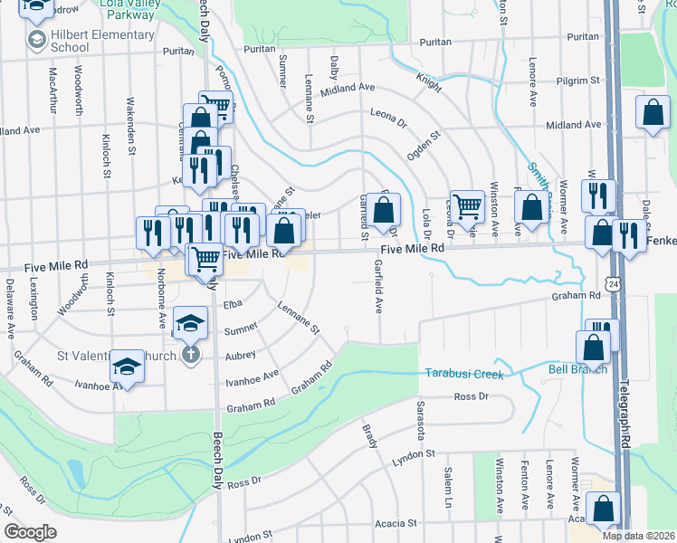 map of restaurants, bars, coffee shops, grocery stores, and more near 25321 Five Mile Road in Redford Charter Township