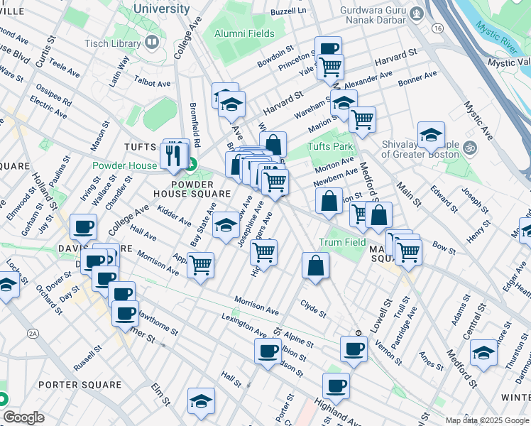 map of restaurants, bars, coffee shops, grocery stores, and more near 114 Rogers Avenue in Somerville