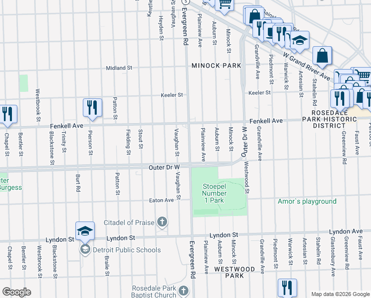 map of restaurants, bars, coffee shops, grocery stores, and more near 15058 Vaughan Street in Detroit